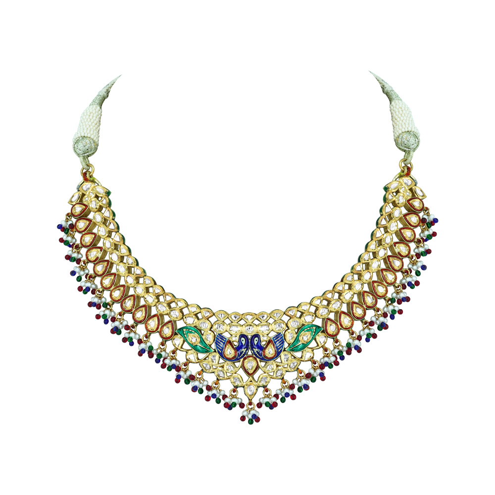 Polki Necklace with Peacock Enamel and Multicolour Beads